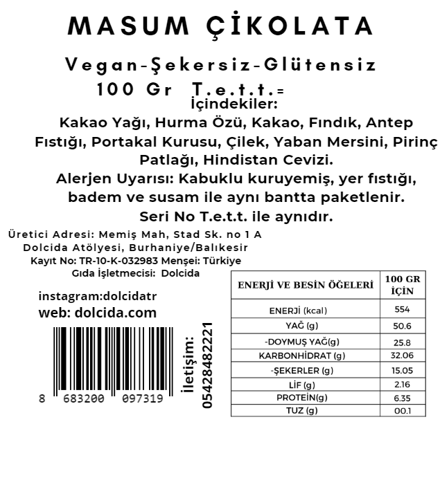 10’lu Masum Çikolata (Vegan-Şekersiz-Glütensiz)