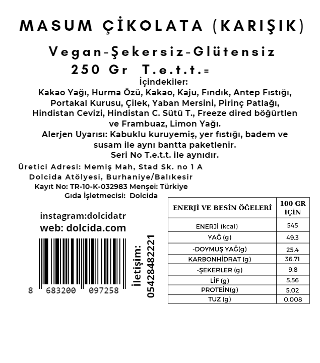 25’li Masum Karışık Çikolata (Şekersiz-Vegan) (Sütlü-Beyaz-Bitter)