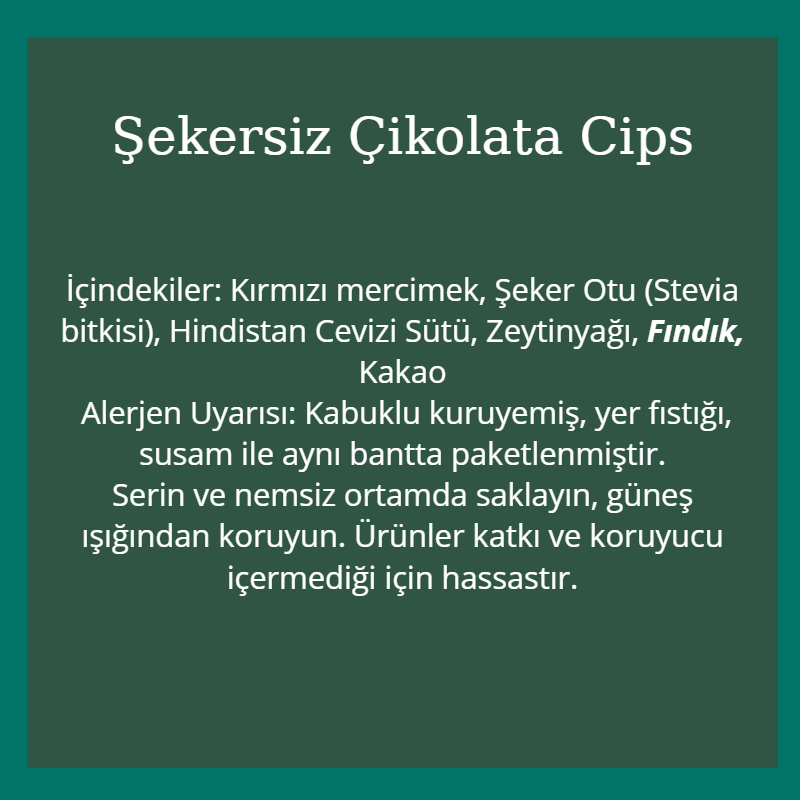 Şekersiz Çikolata Cips 70 Gr (Vegan-Glütensiz)